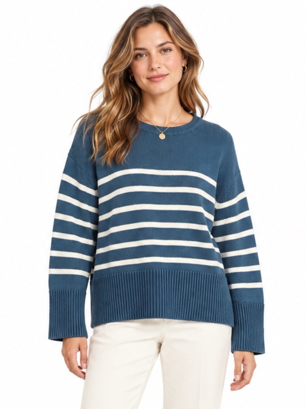 GAP 24/7 Roll Neck Cotton Sweater Indigo Stripe Small Oversized Coastal Nautical